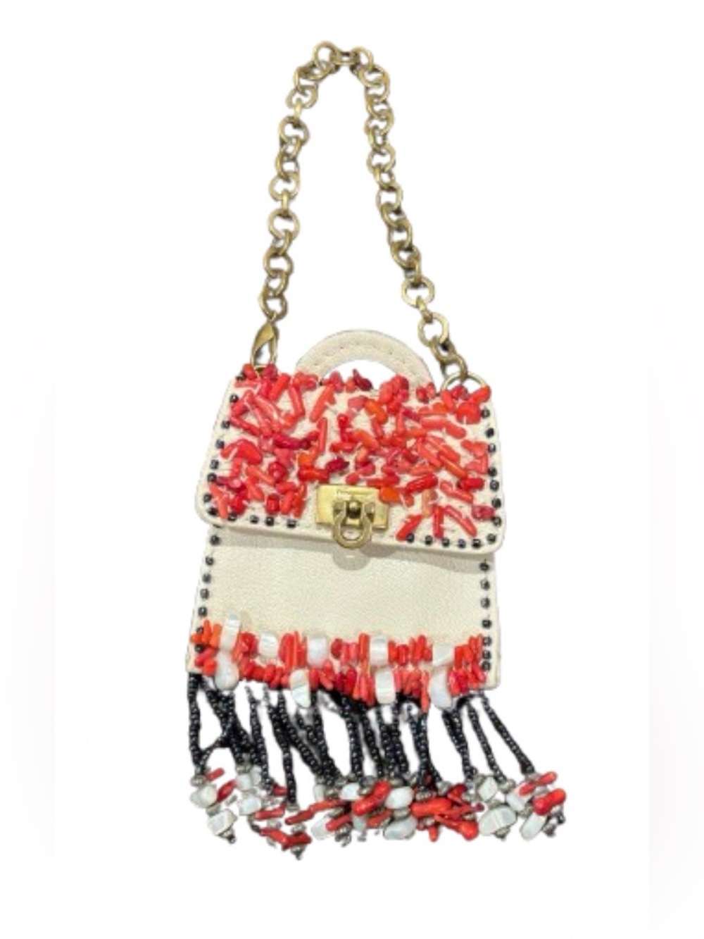 Salvatore Ferragamo Coral Bead & White Leather Coin Purse +Chain IR-226199 NWT